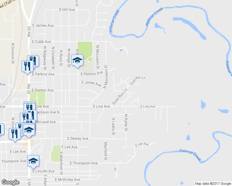 map of restaurants, bars, coffee shops, grocery stores, and more near 1618 East Denton Avenue in Sapulpa