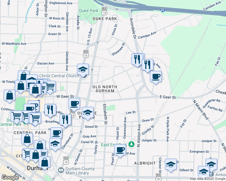 map of restaurants, bars, coffee shops, grocery stores, and more near 315 Edward Street in Durham