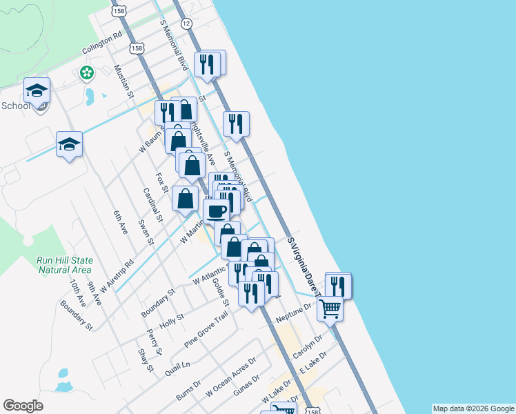 map of restaurants, bars, coffee shops, grocery stores, and more near 1217 South Memorial Boulevard in Kill Devil Hills