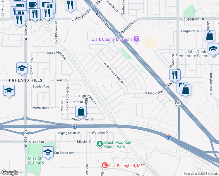 map of restaurants, bars, coffee shops, grocery stores, and more near 627 Blue Snow River Court in Henderson