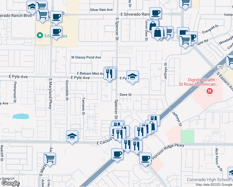 map of restaurants, bars, coffee shops, grocery stores, and more near 10175 Spencer Street in Las Vegas
