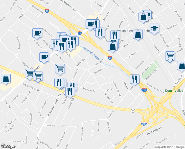 map of restaurants, bars, coffee shops, grocery stores, and more near 399 Susong Drive in Knoxville