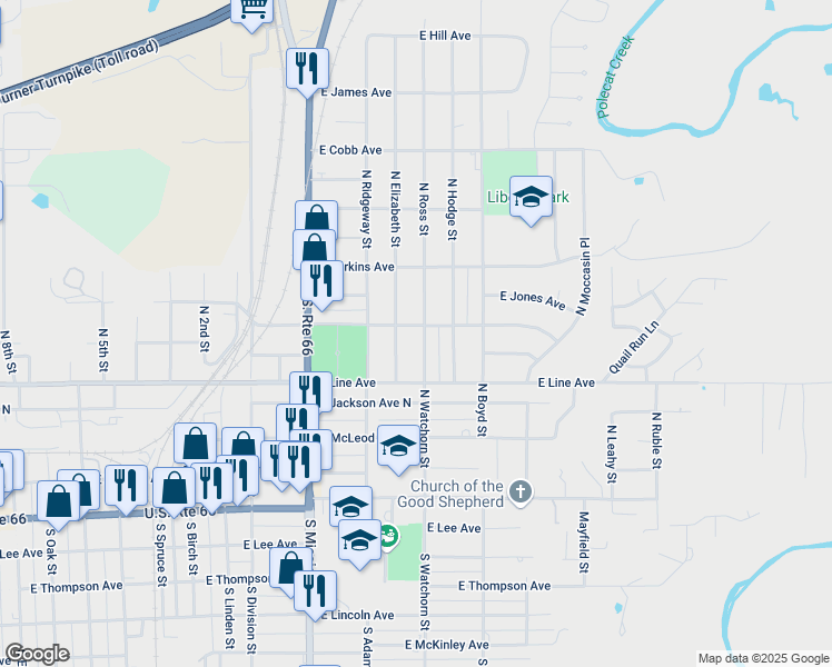 map of restaurants, bars, coffee shops, grocery stores, and more near 424 North Ross Street in Sapulpa