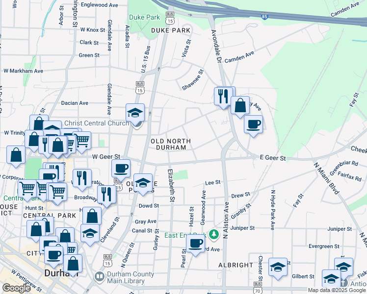 map of restaurants, bars, coffee shops, grocery stores, and more near 315 Edward Street in Durham