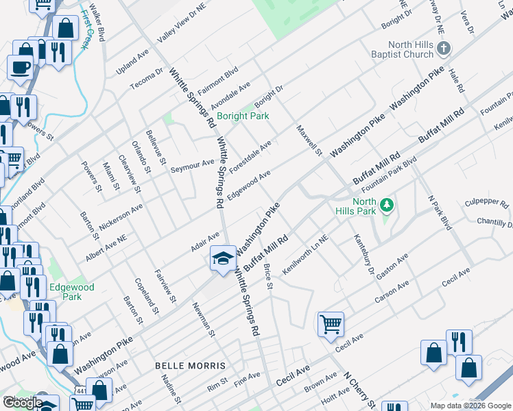 map of restaurants, bars, coffee shops, grocery stores, and more near 2539 Washington Pike in Knoxville