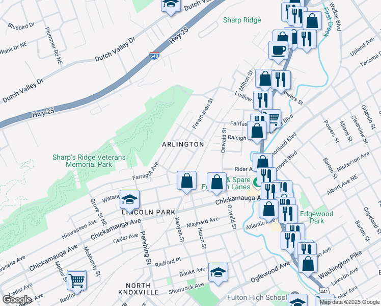 map of restaurants, bars, coffee shops, grocery stores, and more near 907 Westover Avenue in Knoxville