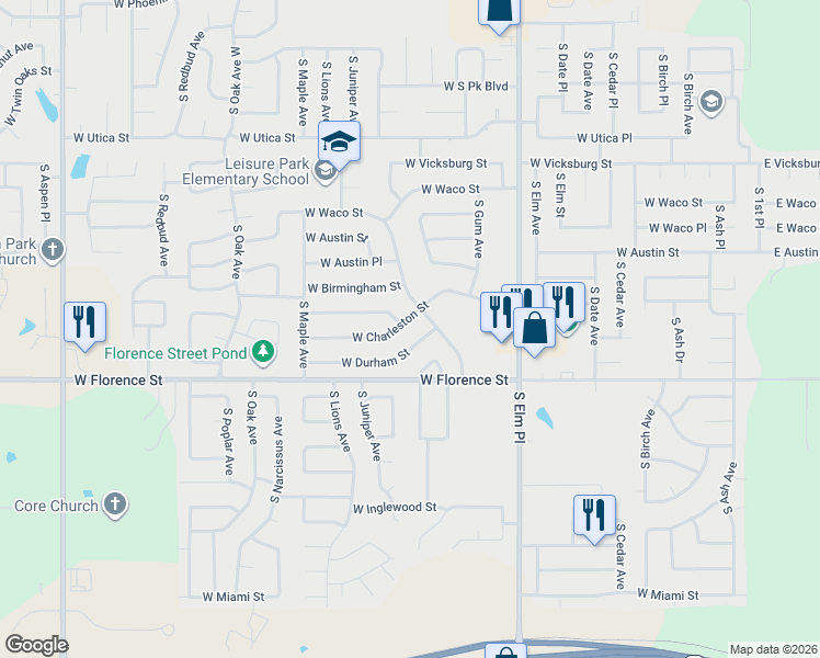 map of restaurants, bars, coffee shops, grocery stores, and more near 1113 West Charleston Street in Broken Arrow