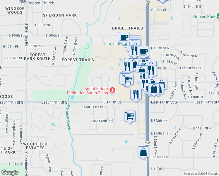 map of restaurants, bars, coffee shops, grocery stores, and more near 10931 South 77th East Place in Tulsa