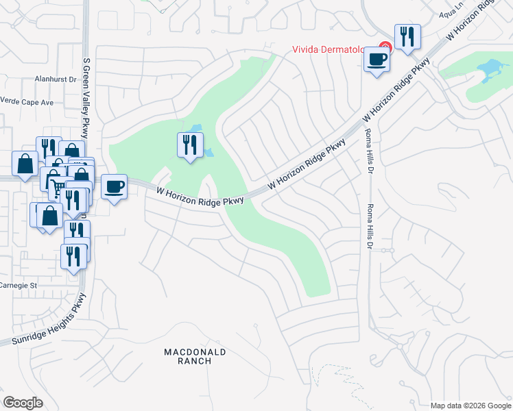 map of restaurants, bars, coffee shops, grocery stores, and more near 523 Mountain Links Drive in Henderson
