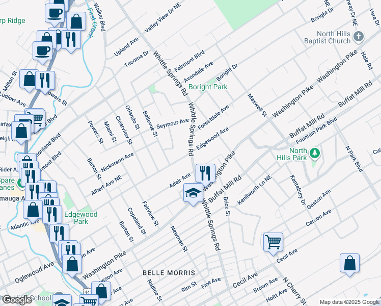 map of restaurants, bars, coffee shops, grocery stores, and more near Whittle Springs Road in Knoxville