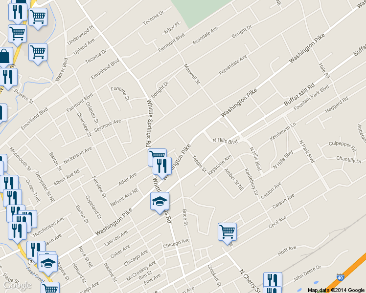 map of restaurants, bars, coffee shops, grocery stores, and more near 2539 Washington Pike in Knoxville