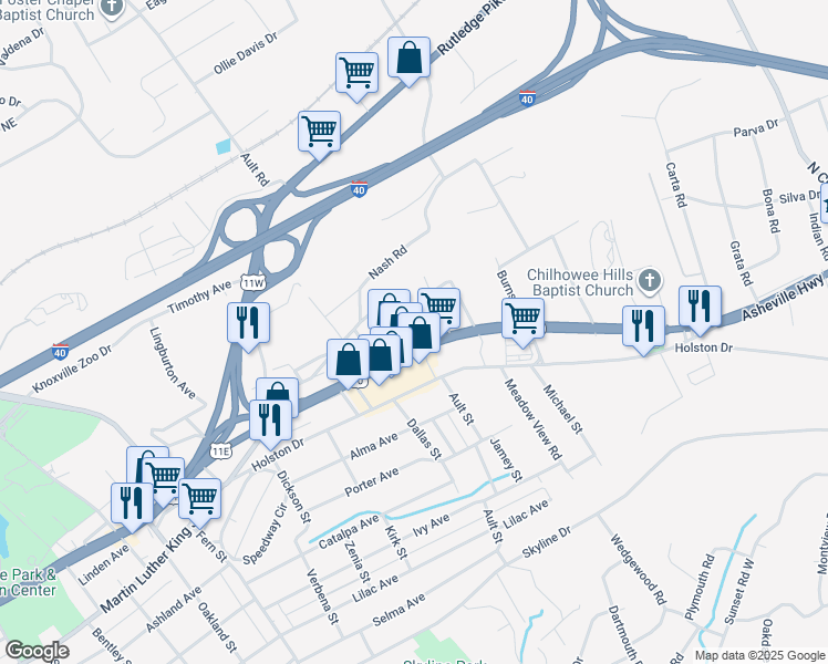 map of restaurants, bars, coffee shops, grocery stores, and more near 214 Hidell Road in Knoxville