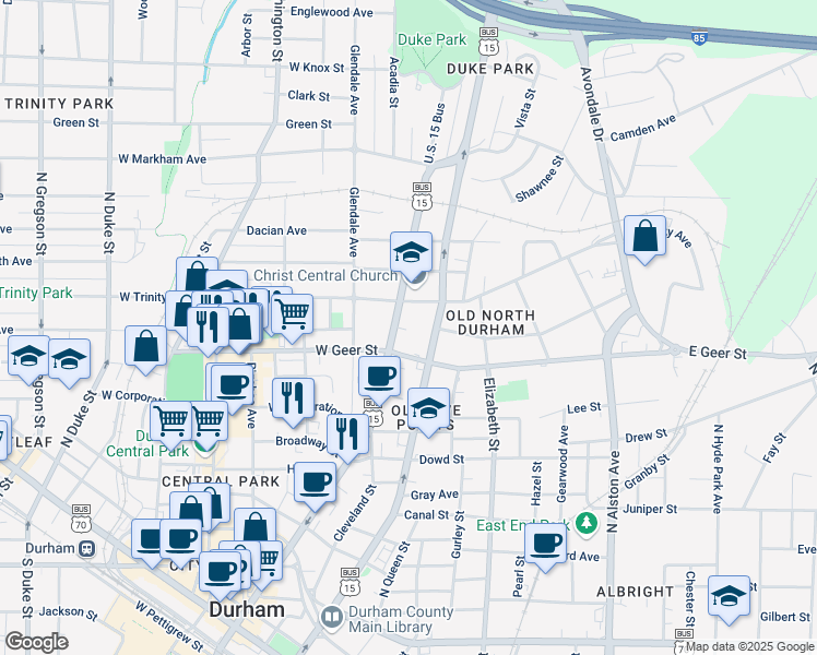 map of restaurants, bars, coffee shops, grocery stores, and more near 912 North Mangum Street in Durham