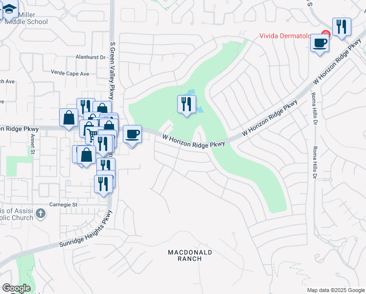 map of restaurants, bars, coffee shops, grocery stores, and more near 2176 Tiger Links Drive in Henderson