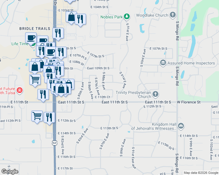 map of restaurants, bars, coffee shops, grocery stores, and more near 8813 E 110th Pl in Tulsa