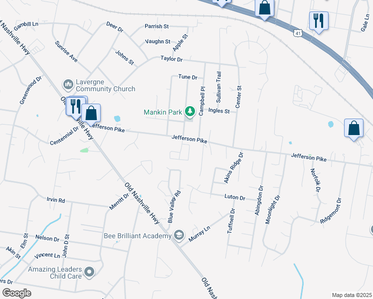 map of restaurants, bars, coffee shops, grocery stores, and more near 4059 Margo Circle in La Vergne