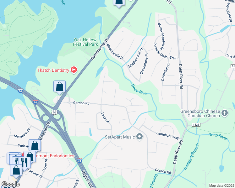 map of restaurants, bars, coffee shops, grocery stores, and more near 1822 Castle Gate Court in High Point