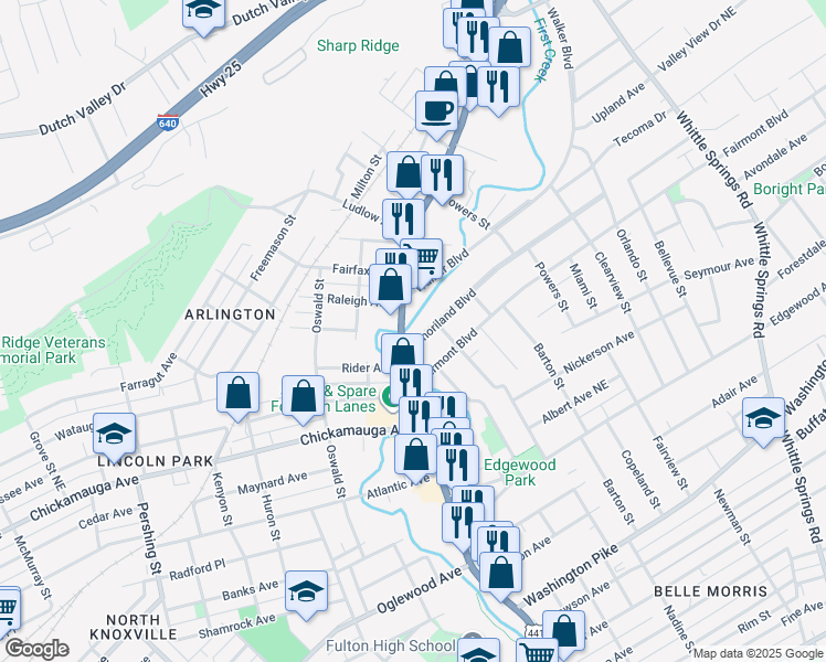 map of restaurants, bars, coffee shops, grocery stores, and more near 1517 Emoriland Boulevard in Knoxville