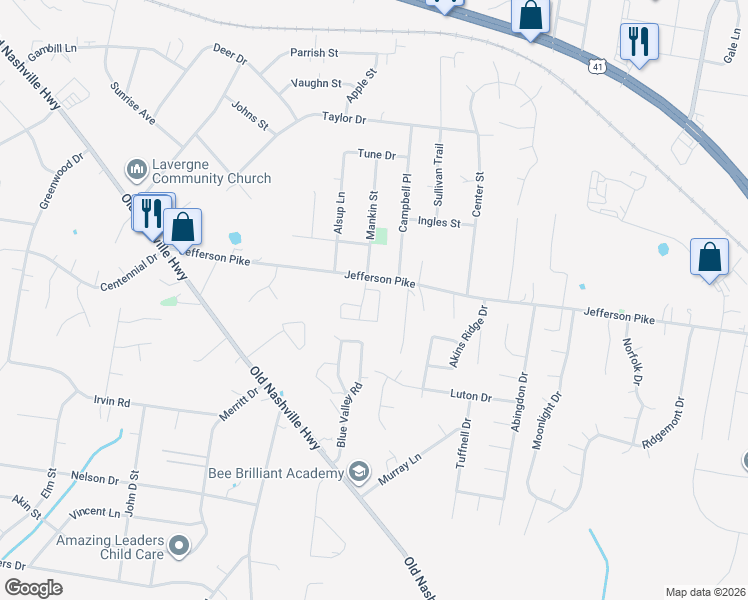 map of restaurants, bars, coffee shops, grocery stores, and more near 4059 Margo Circle in La Vergne