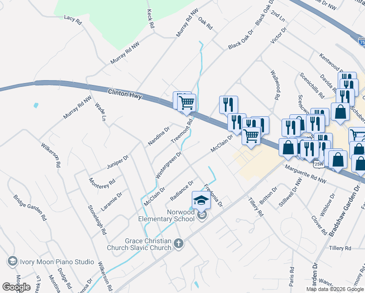 map of restaurants, bars, coffee shops, grocery stores, and more near 1815 Wintergreen Circle in Knoxville