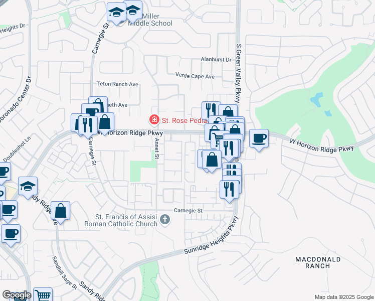map of restaurants, bars, coffee shops, grocery stores, and more near 2291 West Horizon Ridge Parkway in Henderson