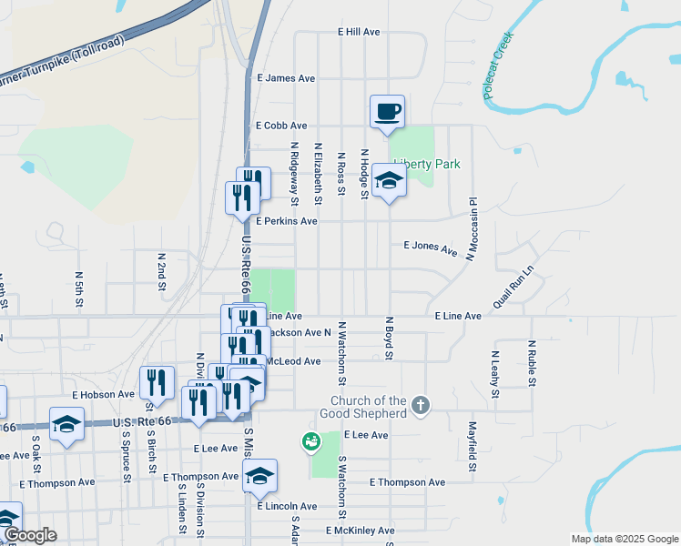 map of restaurants, bars, coffee shops, grocery stores, and more near 424 North Ross Street in Sapulpa