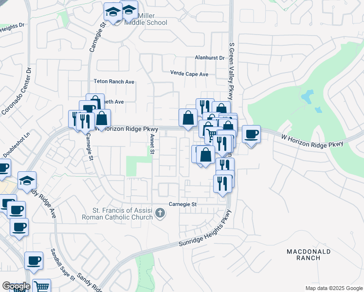 map of restaurants, bars, coffee shops, grocery stores, and more near 2291 West Horizon Ridge Parkway in Henderson