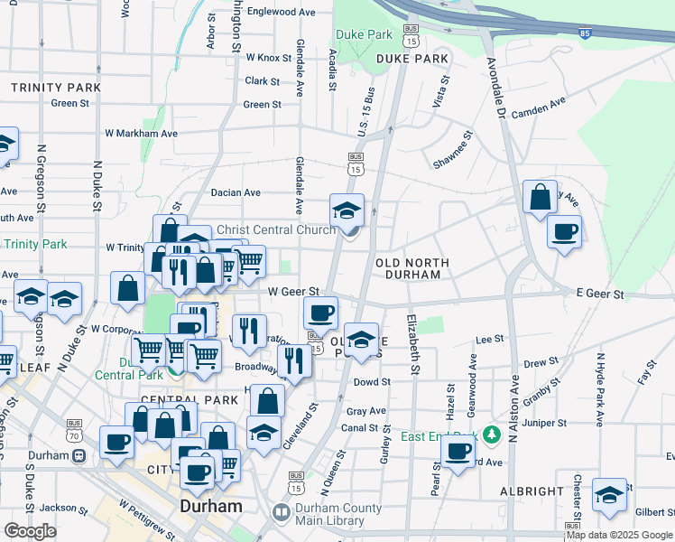 map of restaurants, bars, coffee shops, grocery stores, and more near 912 North Mangum Street in Durham