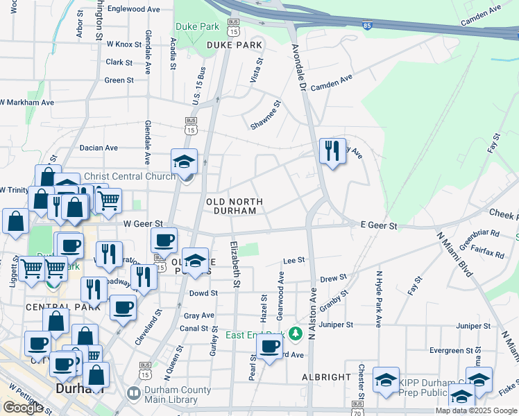 map of restaurants, bars, coffee shops, grocery stores, and more near 315 Edward Street in Durham