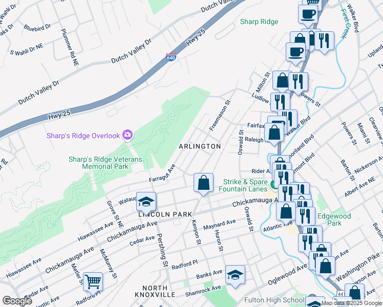 map of restaurants, bars, coffee shops, grocery stores, and more near in Knoxville