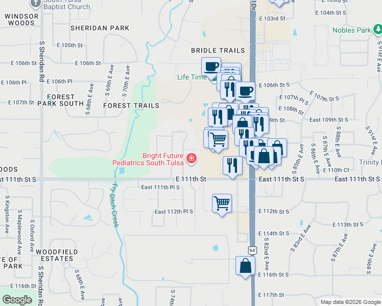 map of restaurants, bars, coffee shops, grocery stores, and more near 10931 South 77th East Place in Tulsa