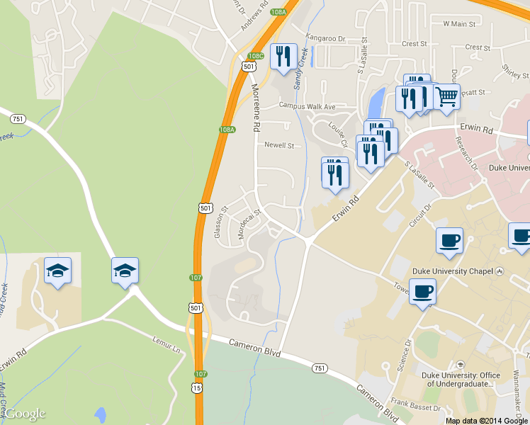 map of restaurants, bars, coffee shops, grocery stores, and more near 1315 Morreene Road in Durham