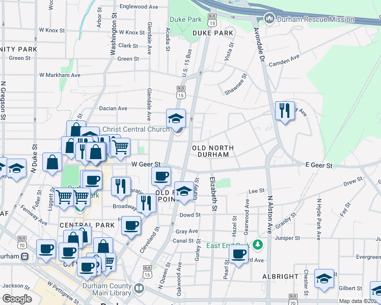 map of restaurants, bars, coffee shops, grocery stores, and more near 1216 North Roxboro Street in Durham