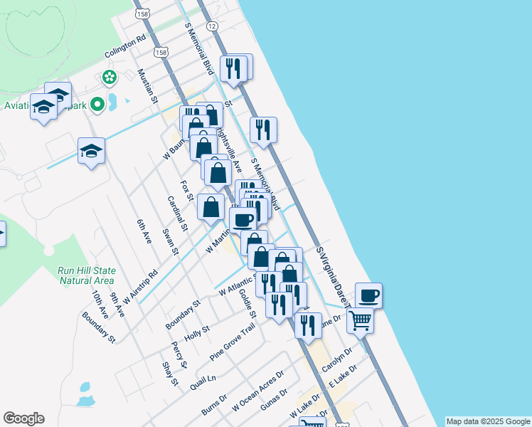 map of restaurants, bars, coffee shops, grocery stores, and more near 1209 Wrightsville Boulevard in Kill Devil Hills