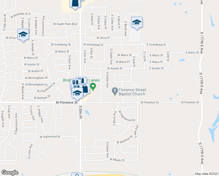 map of restaurants, bars, coffee shops, grocery stores, and more near 4617 South Cedar Avenue in Broken Arrow