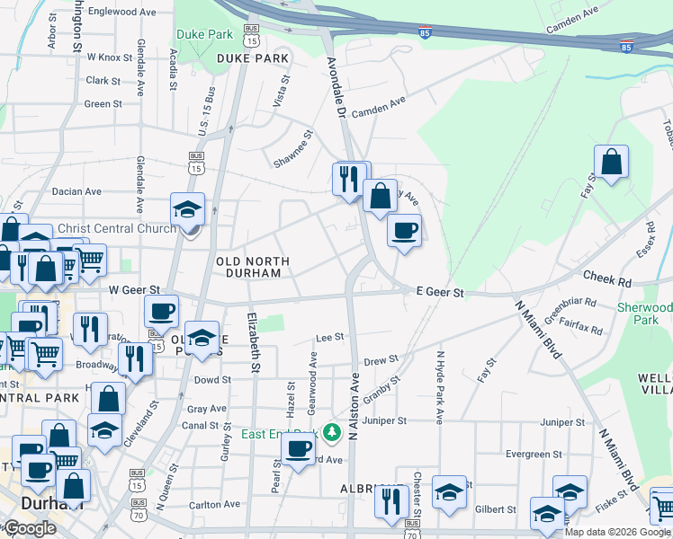 map of restaurants, bars, coffee shops, grocery stores, and more near 1715 N Alston Ave in Durham