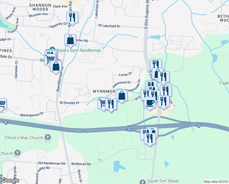 map of restaurants, bars, coffee shops, grocery stores, and more near 207 Hammond Drive in Greensboro