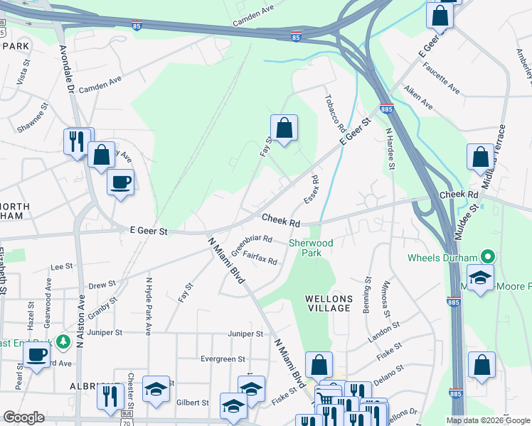 map of restaurants, bars, coffee shops, grocery stores, and more near 1104 East Geer Street in Durham
