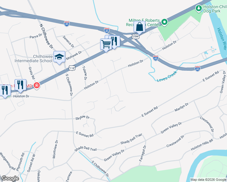 map of restaurants, bars, coffee shops, grocery stores, and more near 418 Overhill Road in Knoxville