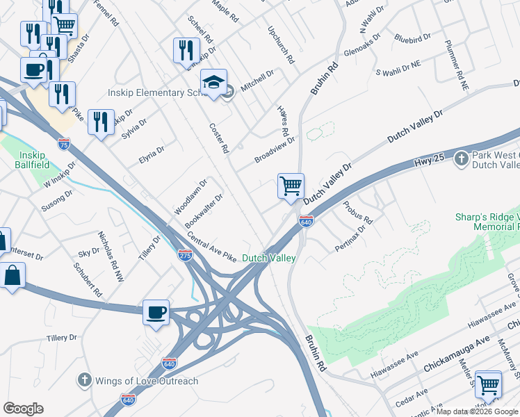 map of restaurants, bars, coffee shops, grocery stores, and more near 401 Durbin Drive Northeast in Knoxville