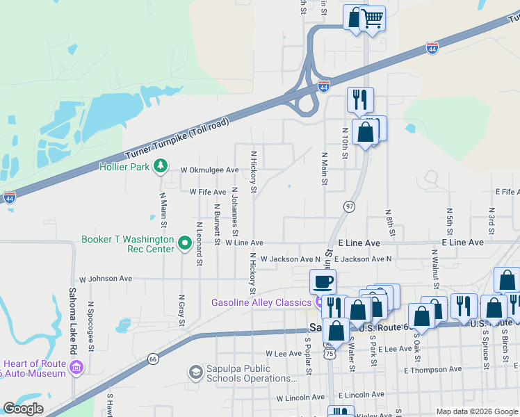 map of restaurants, bars, coffee shops, grocery stores, and more near 503 North Hickory Street in Sapulpa