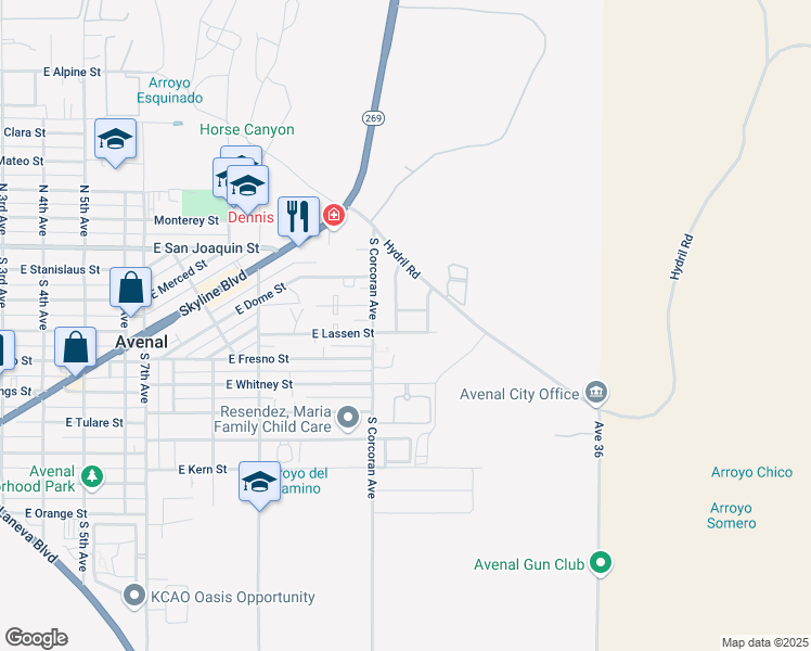 map of restaurants, bars, coffee shops, grocery stores, and more near 1121 East Lassen Street in Avenal