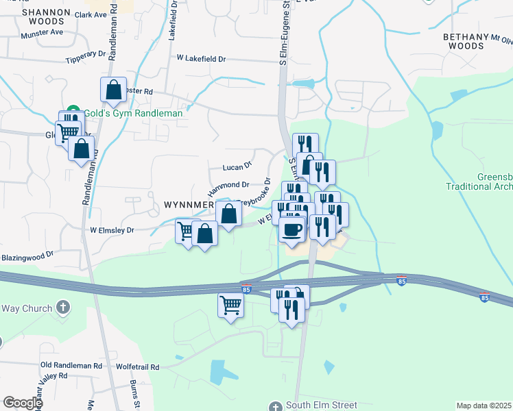 map of restaurants, bars, coffee shops, grocery stores, and more near 215 Old Treybrooke Drive in Greensboro
