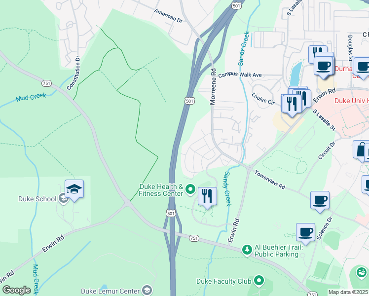 map of restaurants, bars, coffee shops, grocery stores, and more near 3412 Glasson Street in Durham