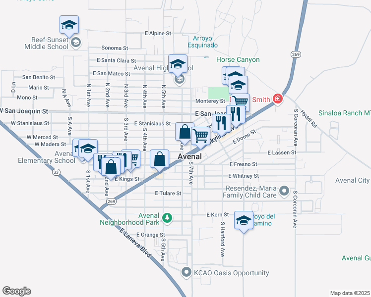 map of restaurants, bars, coffee shops, grocery stores, and more near in Avenal