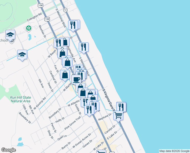 map of restaurants, bars, coffee shops, grocery stores, and more near 1217 South Memorial Boulevard in Kill Devil Hills