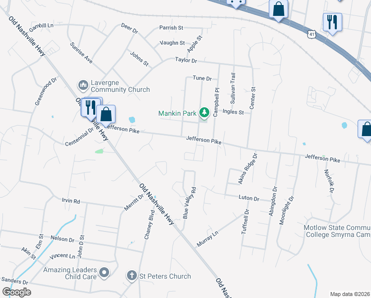 map of restaurants, bars, coffee shops, grocery stores, and more near 4008 Margo Circle in La Vergne