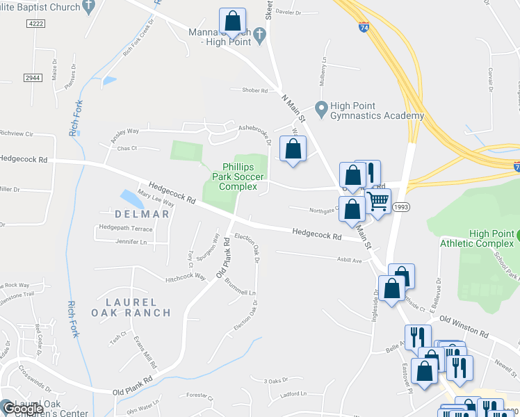 map of restaurants, bars, coffee shops, grocery stores, and more near 6112 Hedgecock Circle in High Point