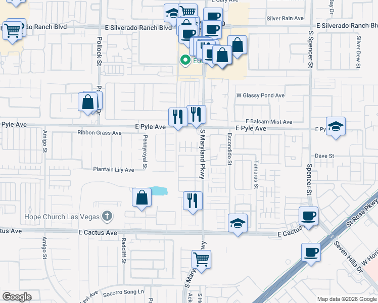 map of restaurants, bars, coffee shops, grocery stores, and more near 10191 Pleasant Village Place in Las Vegas