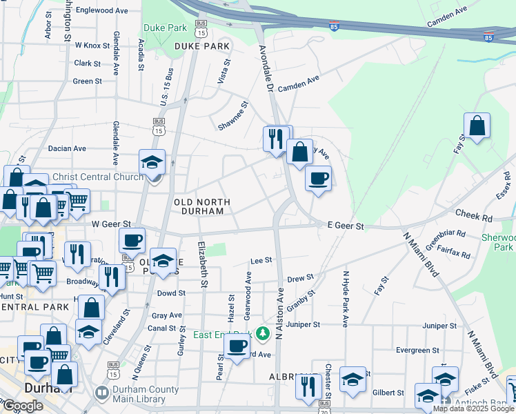 map of restaurants, bars, coffee shops, grocery stores, and more near 416 Edward Street in Durham